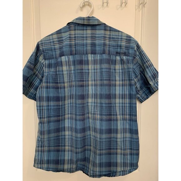 Marmot Blue Plaid Short Sleeve Button Up Shirt Men’s Medium Organic Cotton - Picture 2 of 10